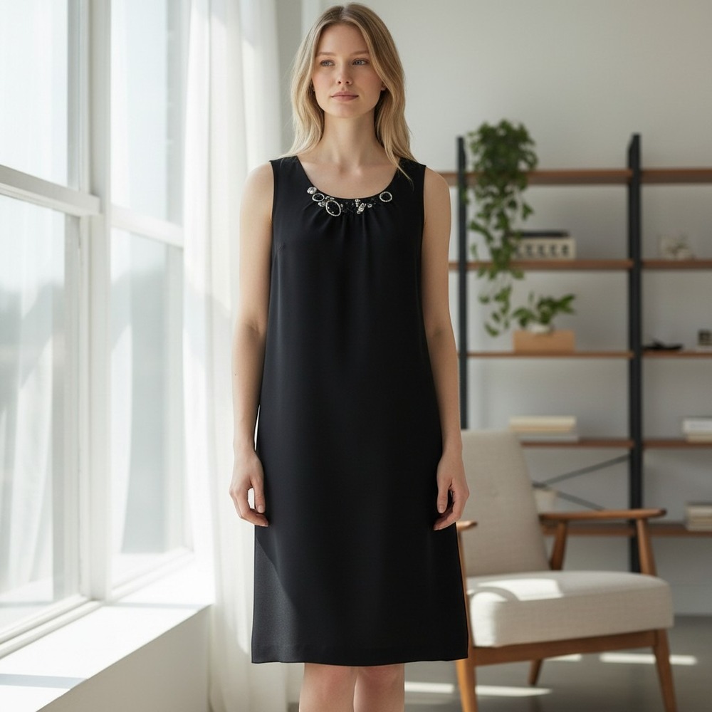 Betty Barclay Shift Dress Womens 10 Black Sequin Embellished Sleeveless Knee LBD